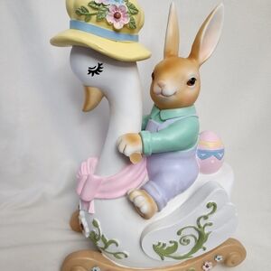 Easter Bunny Riding Swan Figurine - Pastel Decor 18"X 13"